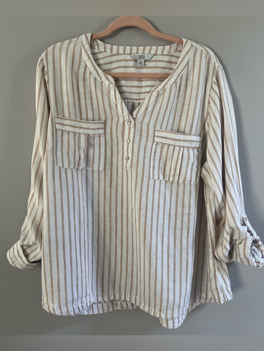 NWOT- croft & barrow Beige and White Striped Henley Top